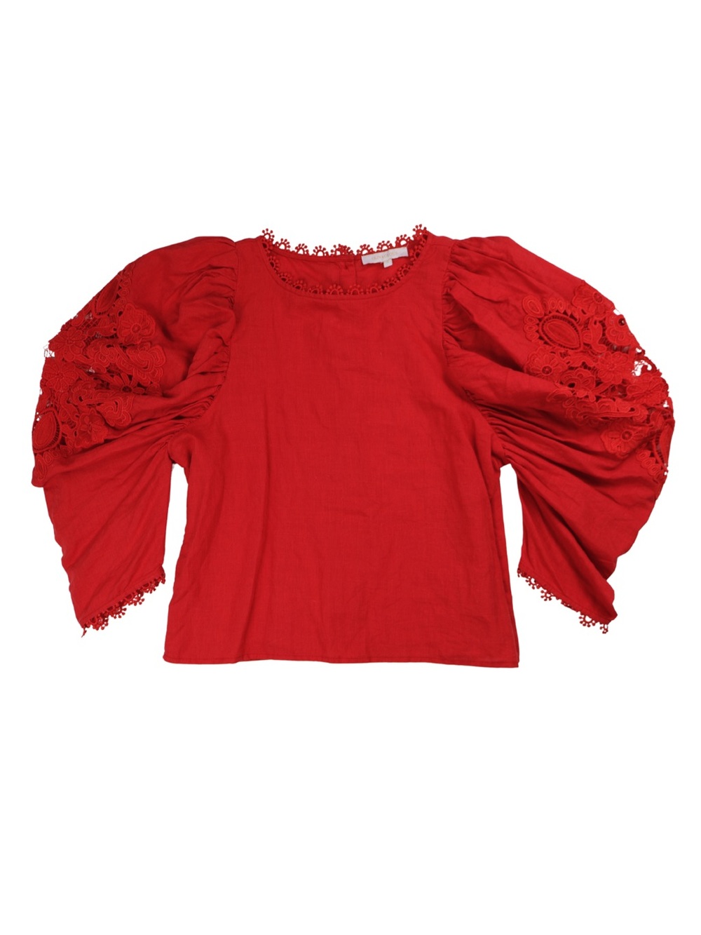 Olivaceous Red Embroidered Lace Puff Sleeve Blouse Womens Small Boho